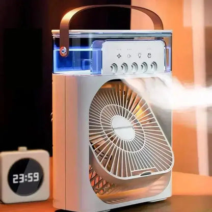 Ventilateur portable 3 en 1 avec fonction climatiseur et lumières LED, modèle moderne et compact.