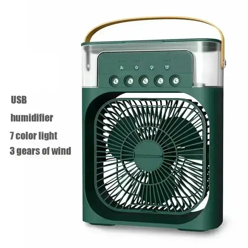 Portable 3-in-1 fan and humidifier with USB, 7 color LED light, and 3 wind speeds.