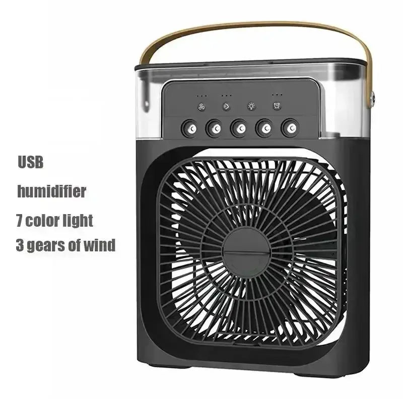 Ventilateur portable 3 en 1 avec humidification, USB, 7 couleurs de lumière et 3 vitesses de vent.