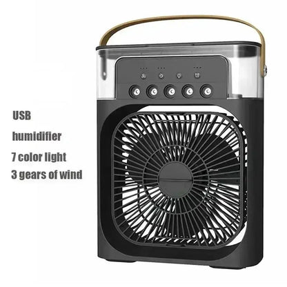 Ventilateur portable 3 en 1 avec humidification, USB, 7 couleurs de lumière et 3 vitesses de vent.
