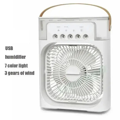 Portable USB humidifier with 7 color light and 3 wind speed settings, ideal for home use.