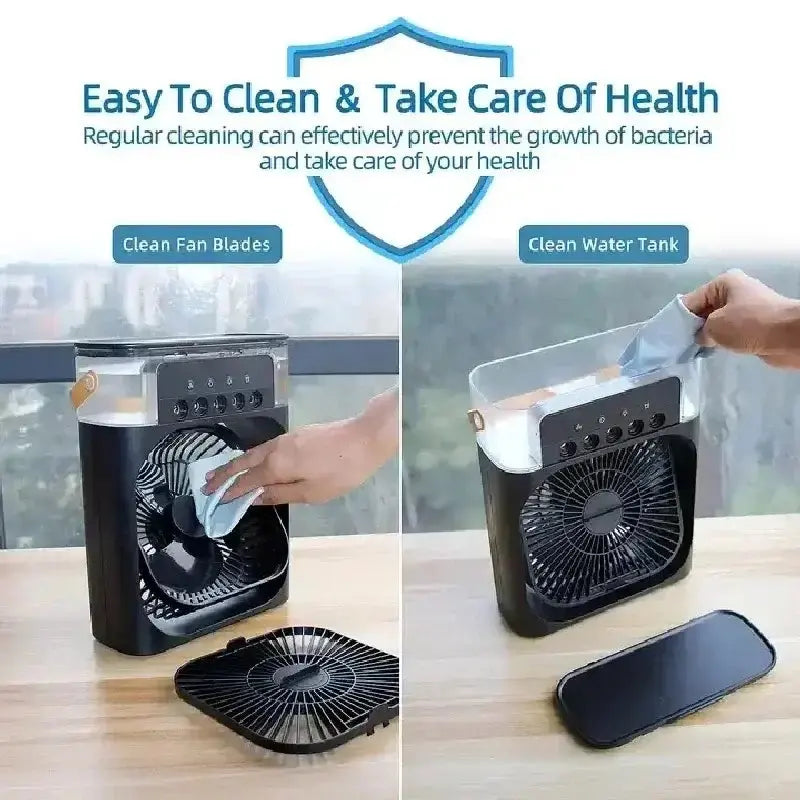 Two images showing a portable fan being cleaned. One image shows a person cleaning the fan blades, and the other shows a clean water tank.