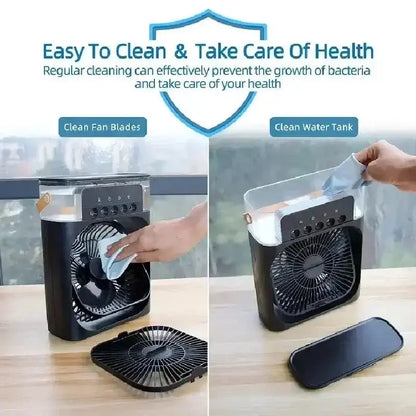 Two images showing a portable fan being cleaned. One image shows a person cleaning the fan blades, and the other shows a clean water tank.