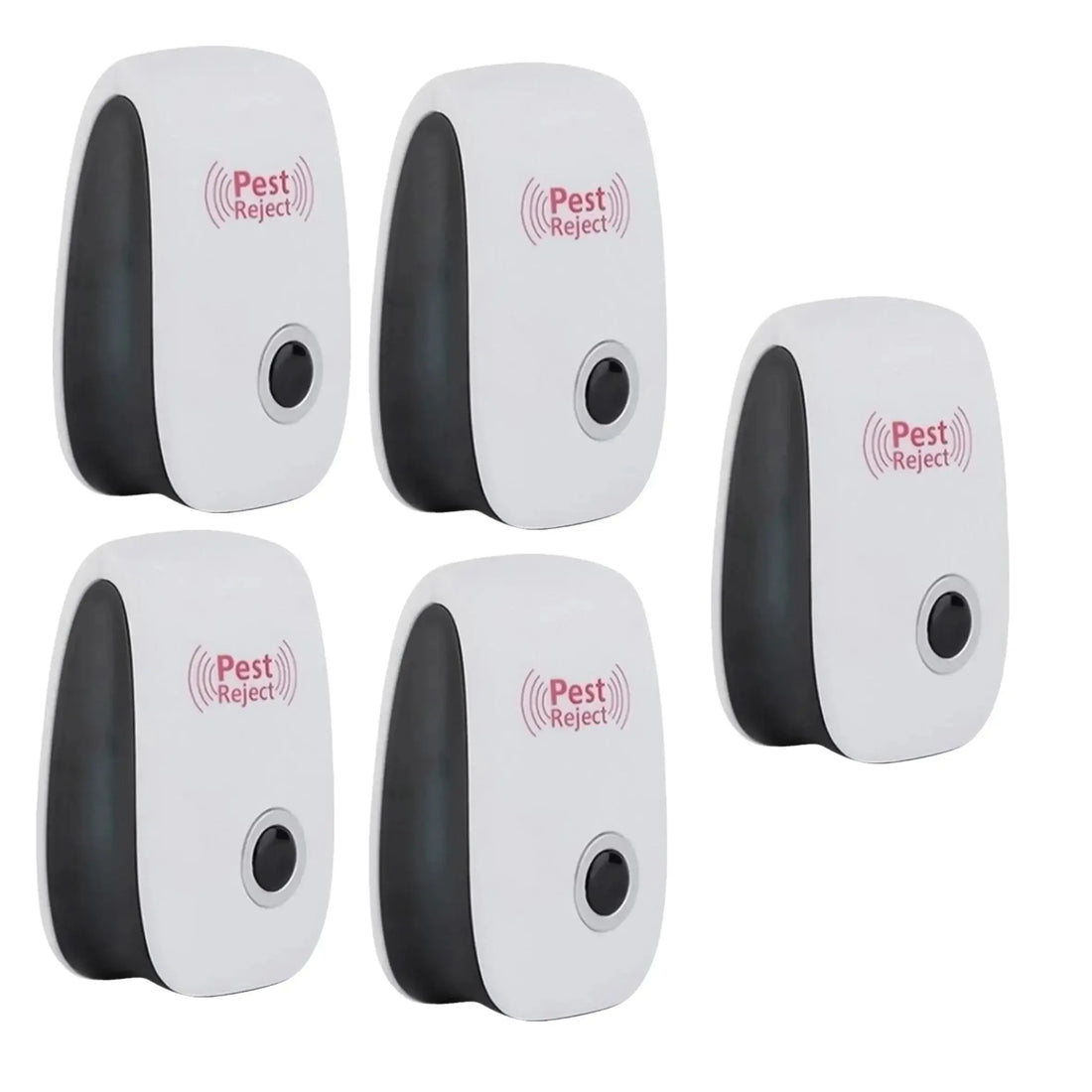 Set of five ultrasonic pest repellent devices for mice, cockroaches, mosquitoes, and other pests.