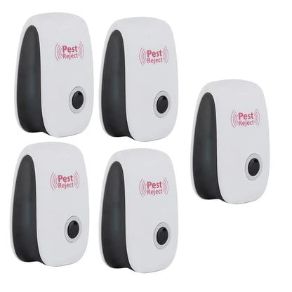Set of five ultrasonic pest repellent devices for mice, cockroaches, mosquitoes, and other pests.