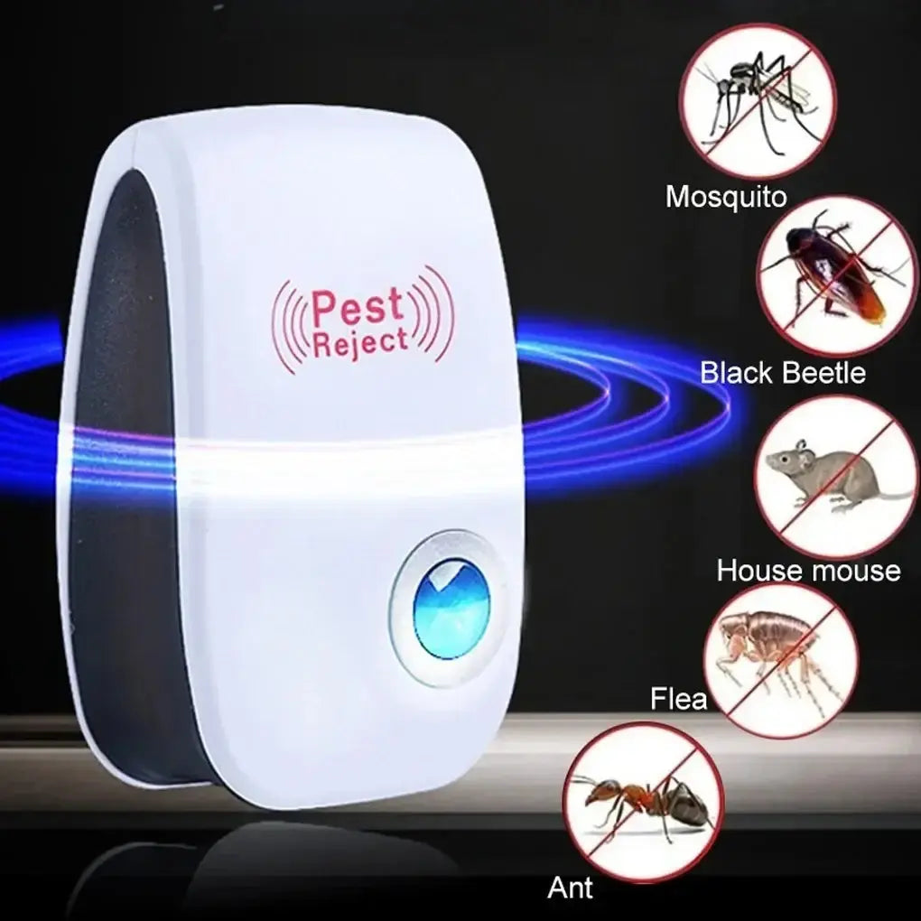Ultrasonic pest repeller device for mosquitoes, cockroaches, and mice, featuring Pest Reject technology.
