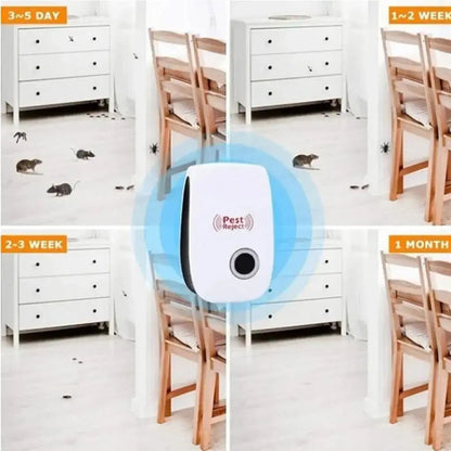 Ultrasonic pest repeller device effective against mice, cockroaches, and spiders, with usage timeline displayed.