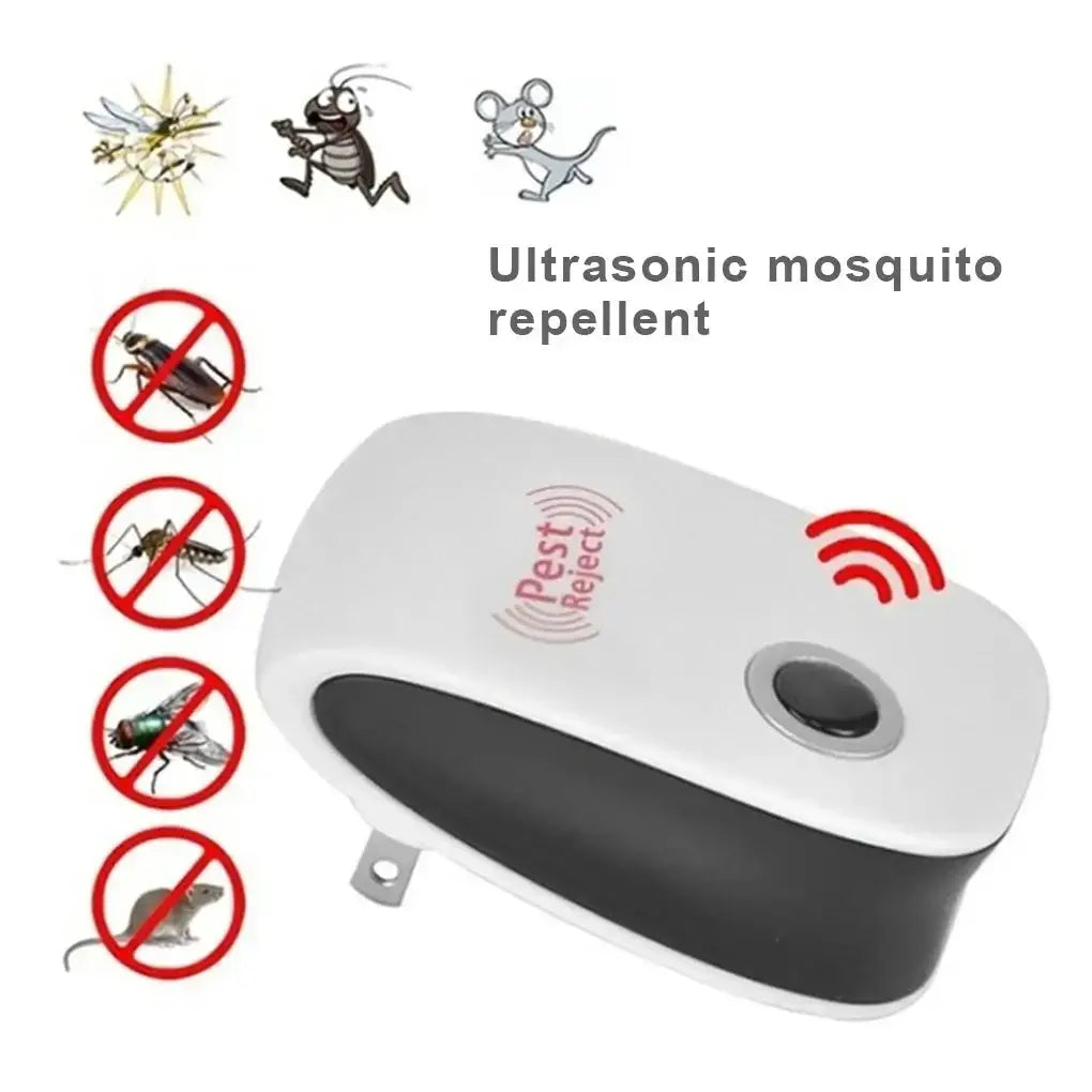 Ultrasonic pest repellent device for mice, cockroaches, mosquitoes, and other insects.