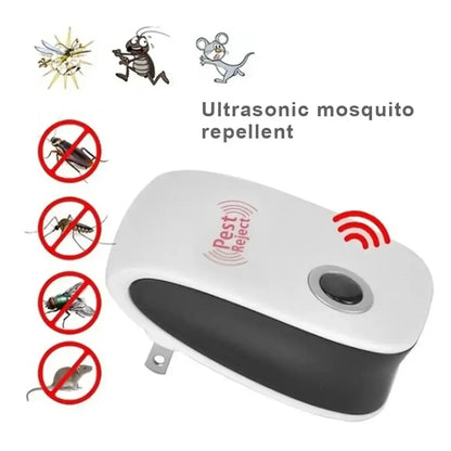 Ultrasonic pest repellent device for mice, cockroaches, mosquitoes, and other insects.