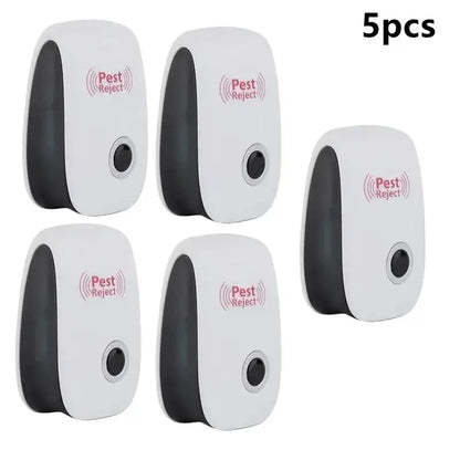 Set of 5 ultrasonic pest repellers designed for mice, cockroaches, and mosquitoes, effective home pest control.